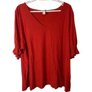 Ava & Viv Womens Swiss Dot Top Size 2X Reddish Orange Ruffle Cuff Blouse Office